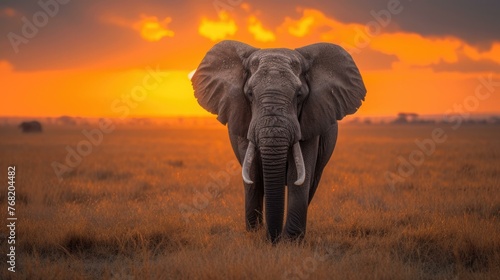 An elephant walking through a grassy field at sunset. Generative AI.