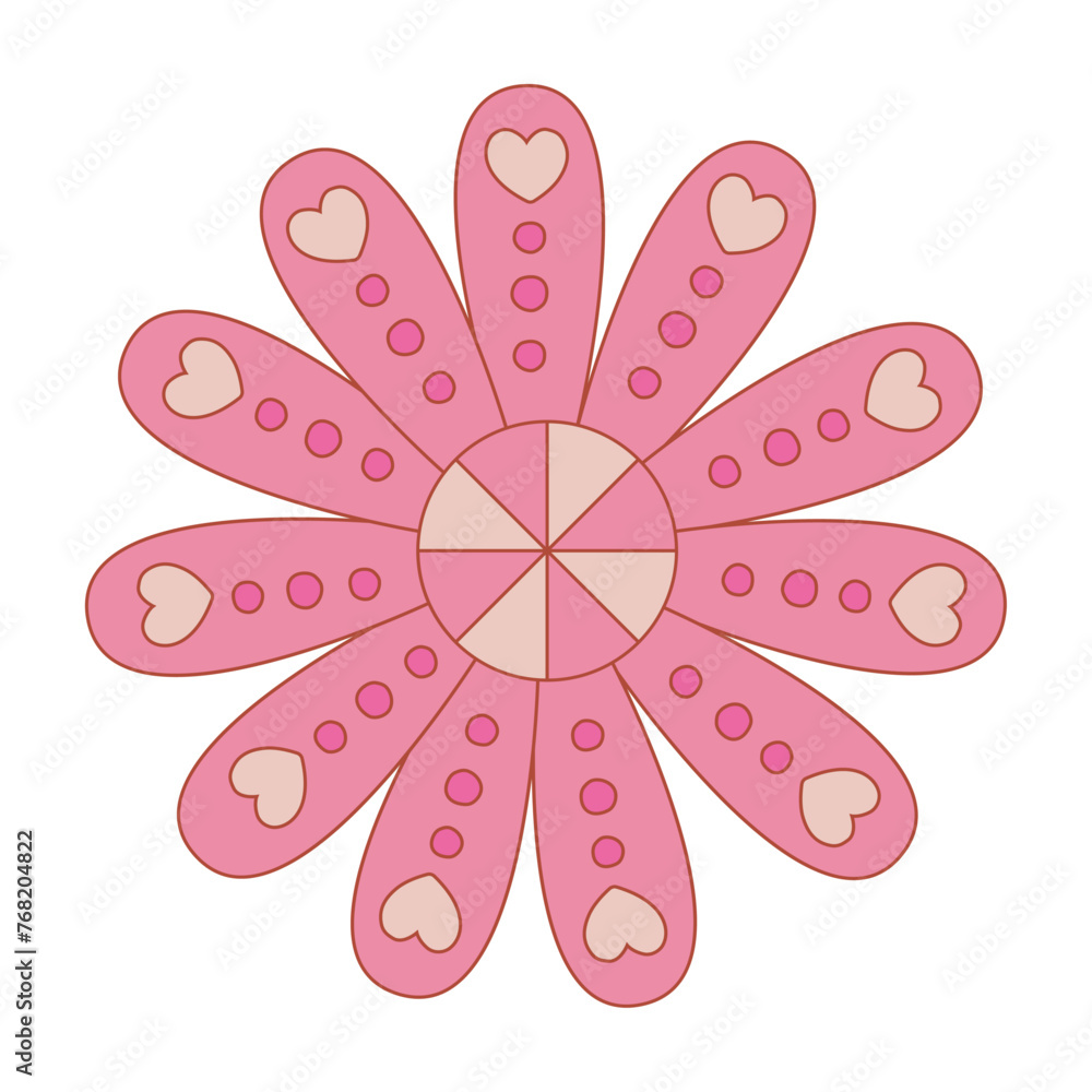 Vector illustration of a pink boho flower on white backdrop, featuring graphic chamomile patterns. Botanical design for a tropical summer concept. 