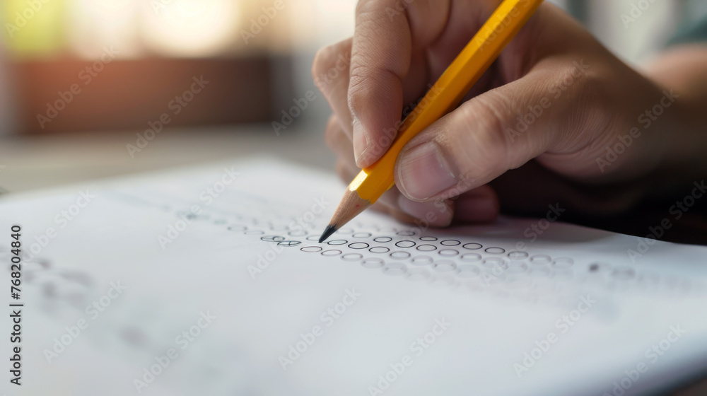 A hand with a pencil filling in a bubble sheet for a test. A hand with a pencil filling in a bubble sheet for a test.