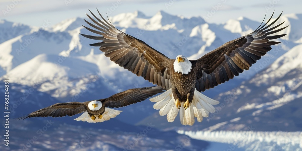 Naklejka premium Two bald eagles flying over a snowy mountain range with mountains in the background. Generative AI.