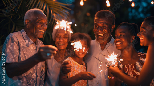 Two children and four adults holding sparklers and smiling together in a garden at dusk.