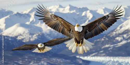 Two bald eagles flying over a snowy mountain range with mountains in the background. Generative AI.