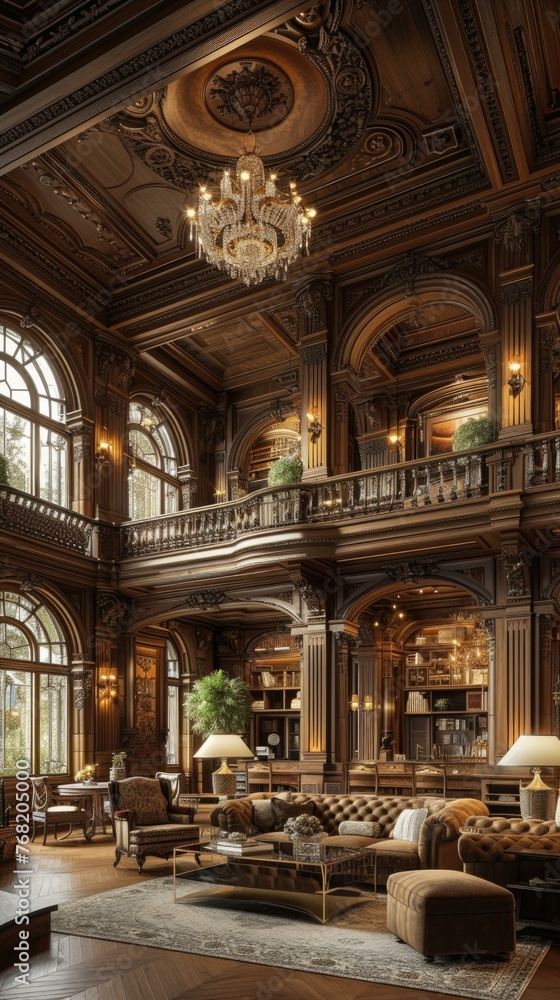 Obraz premium A large living room with a chandelier and lots of furniture. Generative AI.