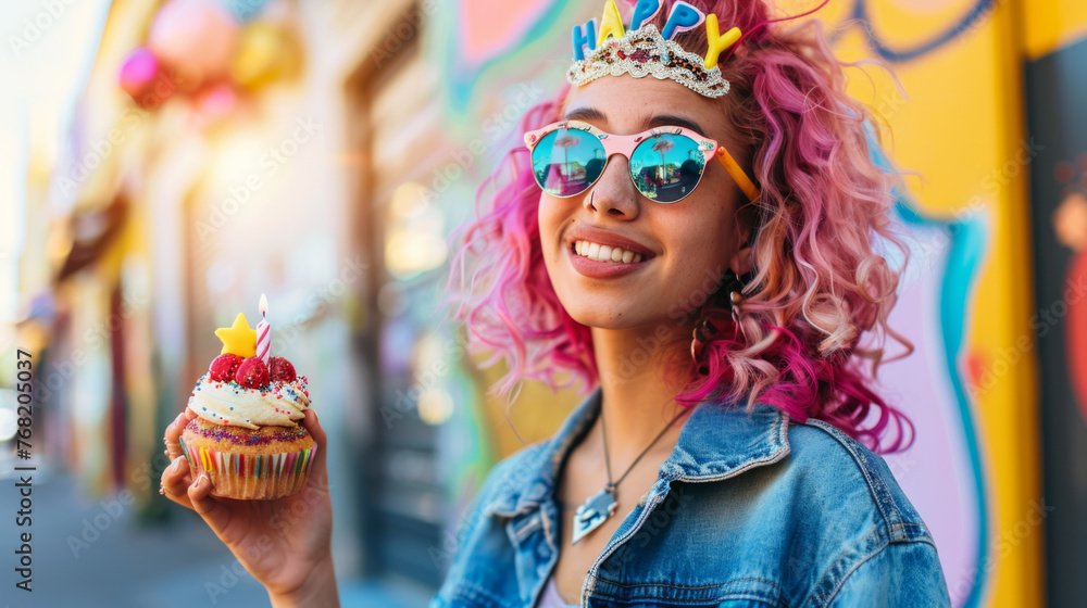 A jubilant woman with vibrant pink hair and a 'Happy' tiara holds a cupcake with candles.