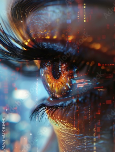 A close up of a woman s eye with some digital effects. Generative AI.