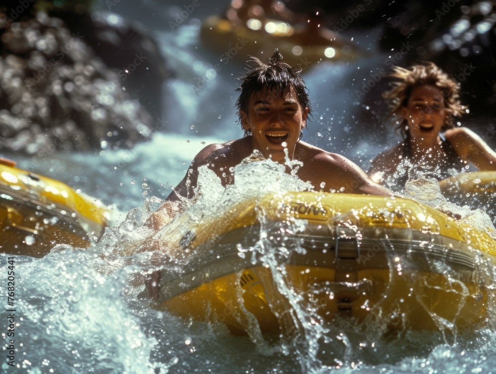 Fototapeta premium A group of people riding on rafts in a river. Generative AI.