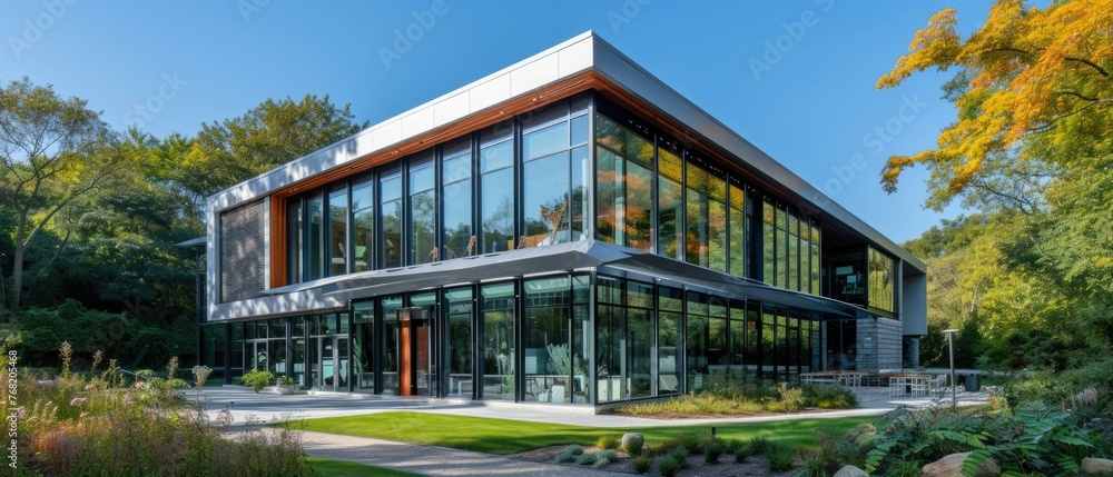A modern house with glass walls and a green lawn. Generative AI. A modern house with glass walls and a green lawn. Generative AI.