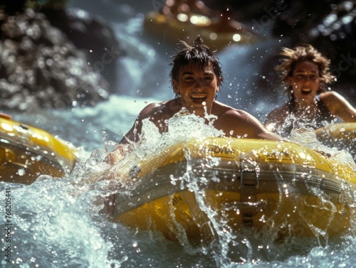 A group of people riding on rafts in a river. Generative AI.