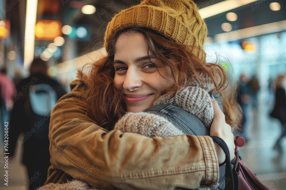 A content woman with a soft smile is being hugged in a busy public space, portraying companionship and contentment A content woman with a soft smile is being hugged in a busy public space, portraying companionship and contentment