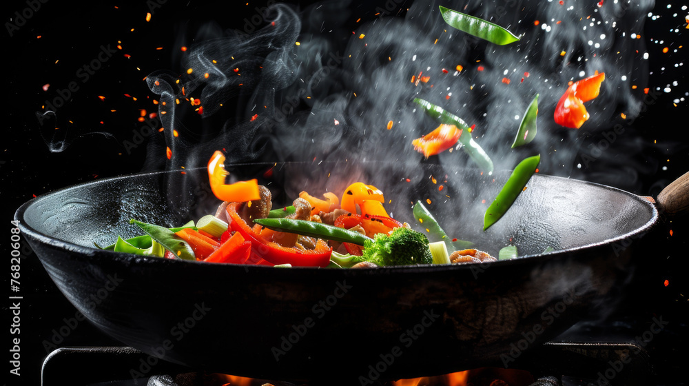 Steam rises as colorful vegetables leap from a hot pan, capturing a moment of lively cooking. Steam rises as colorful vegetables leap from a hot pan, capturing a moment of lively cooking.