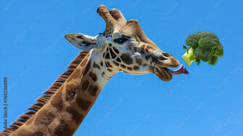 Fototapeta premium Tall giraffe on the left, tongue stretched out to the right towards floating broccoli, a playful scene