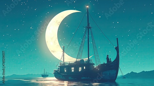 Retro maritime odyssey, quiet vessel under a crescent moon, starlit sky for captions, timeless hue clean sharp, focus