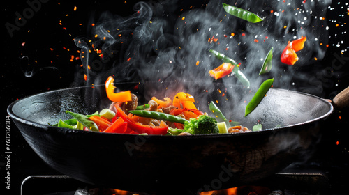 Steam rises as colorful vegetables leap from a hot pan, capturing a moment of lively cooking.