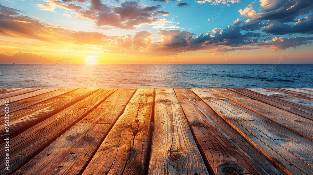Empty Wooden Table With Sea Background
