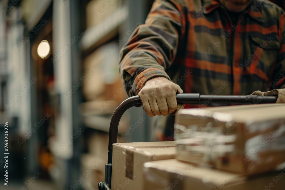 A close-up shot of a mover hands, gripping the handles of a dolly loaded with boxes. A close-up shot of a mover hands, gripping the handles of a dolly loaded with boxes.