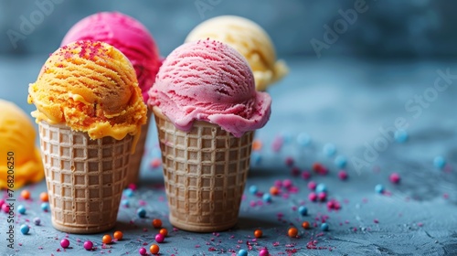 Colorful Ice Cream Cone Against Blue Sky