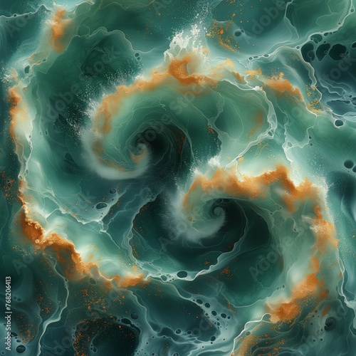 Abstract painting of two gold swirls and sea foam green © ARTenyo