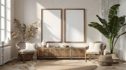 Modern living room with two square frame mockup, gray color sofa and interior decoration. 3d rendering, interior design, 3d illustration AI generated  © Hamid