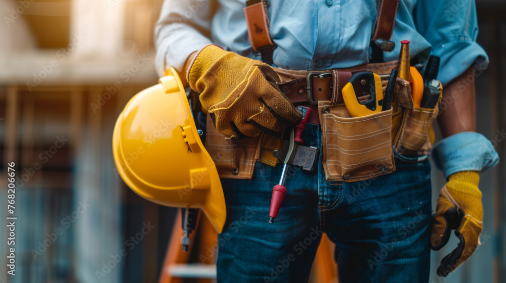 A close-up view of a construction worker's tool belt and hard hat. A close-up view of a construction worker's tool belt and hard hat.
