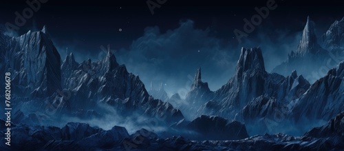 A detailed painting capturing a mountain range under a starlit sky. The mountains are depicted in shades of blue with shadows cast by the moonlight. The night sky is filled with twinkling stars