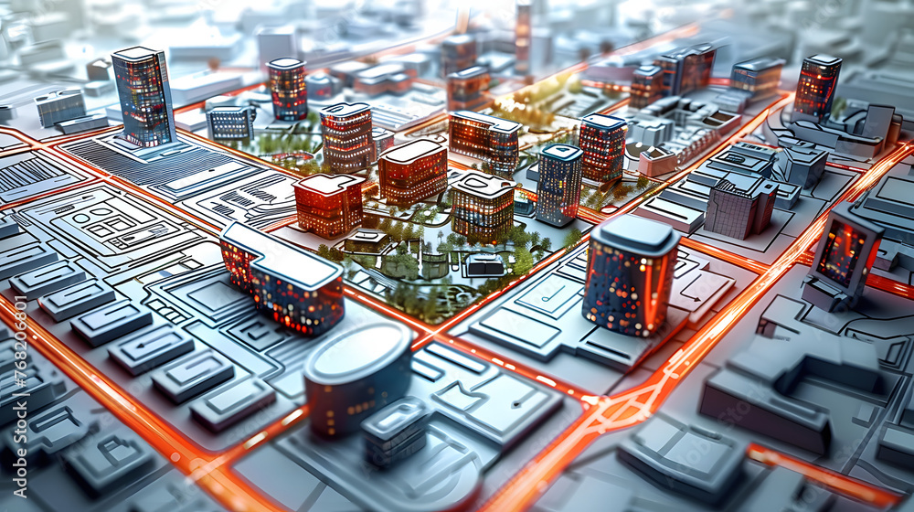 A detailed, technical blueprint showcasing urban planning and city zoning. A layout of a city, including residential, commercial, industrial zones and transportation routes and green spaces. A detailed, technical blueprint showcasing urban planning and city zoning. A layout of a city, including residential, commercial, industrial zones and transportation routes and green spaces.