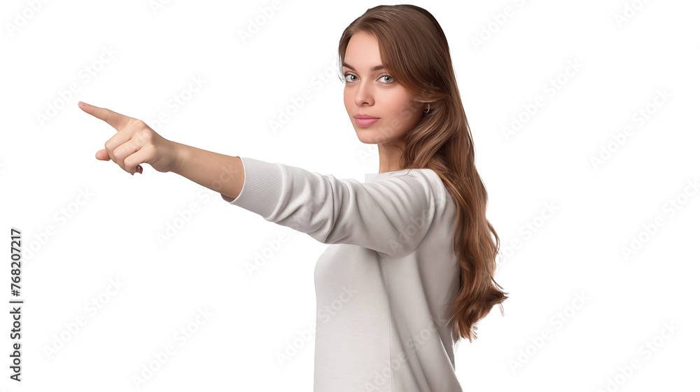 Portrait of a woman isolated on transparent background pointing to the left Portrait of a woman isolated on transparent background pointing to the left