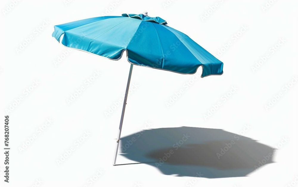 Tilted Beach Umbrella Casting a Shadow Isolated on White Background.
