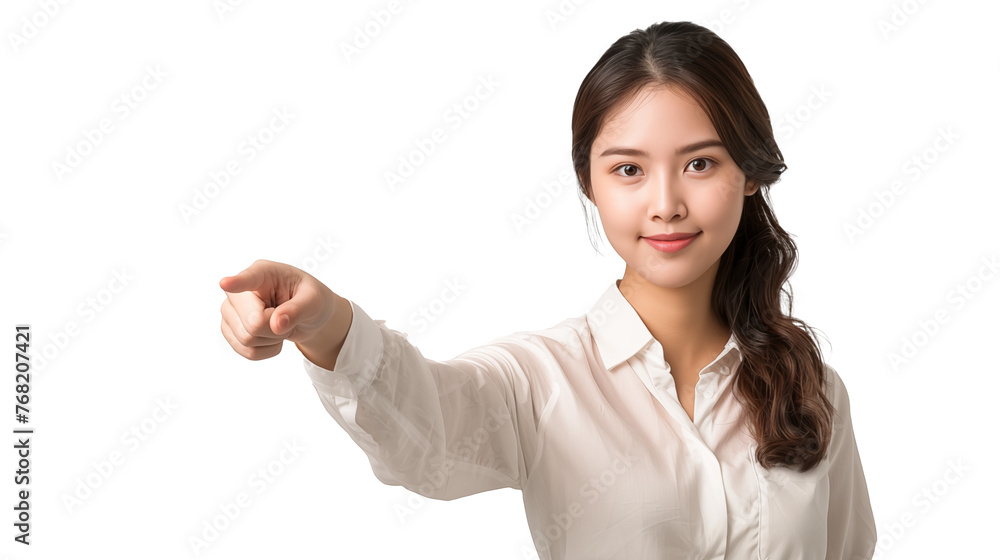 Portrait of a asian woman isolated on transparent background pointing to the left Portrait of a asian woman isolated on transparent background pointing to the left
