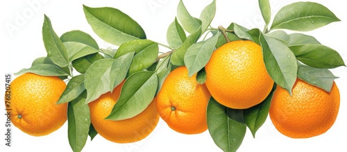 Five fresh oranges with green leaves sitting on a white background, showcasing a vibrant and healthy citrus fruit display.