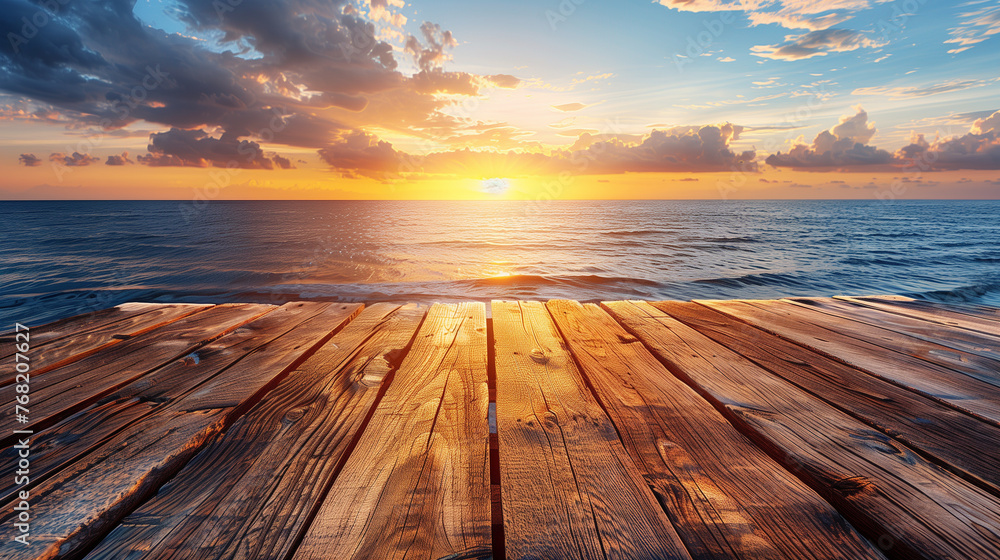 Empty Wooden Table With Sea Background