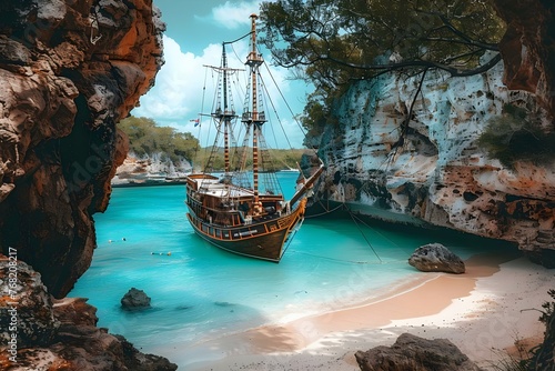 Pirate cove in Caribbean with anchored ship marauders celebrating latest pillage showcasing tales of buccaneer life. Concept Pirate Cove, Caribbean Adventures, Ship Ahoy, Marauders' Celebration photo