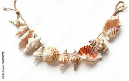 Seashell Necklace with Natural Shells and String Isolated on White Background.
