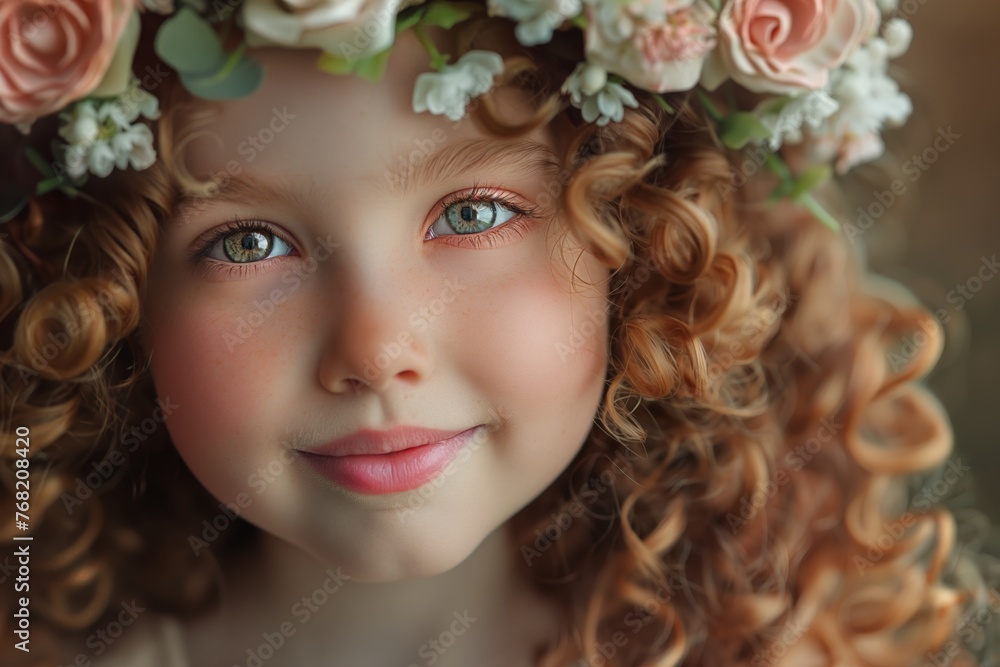 Curly-Haired Young Girl with Floral Headband