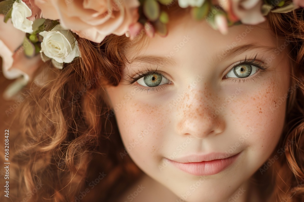 Green-Eyed Girl with Floral Wreath and Freckles Green-Eyed Girl with Floral Wreath and Freckles