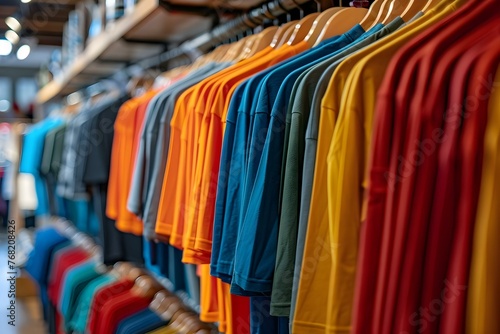Colorful T-Shirts Displayed on Racks in a Clothing Store. Concept Clothing display, Retail interior, Color palette, Store design, Fashion merchandising