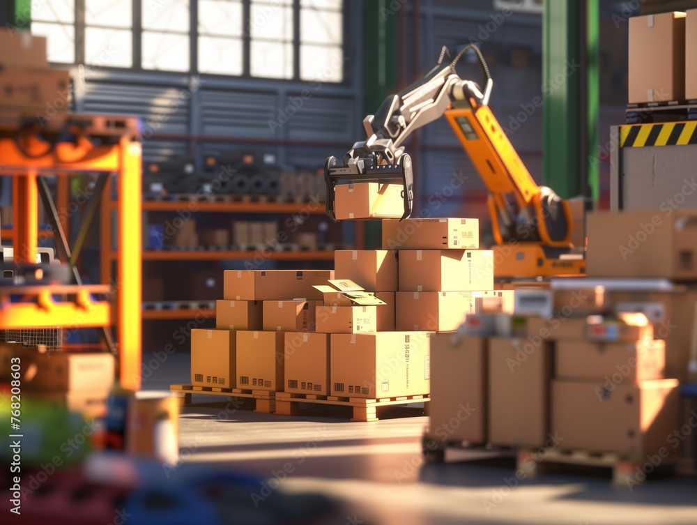 A warehouse with a robot arm picking up boxes. The boxes are stacked on top of each other