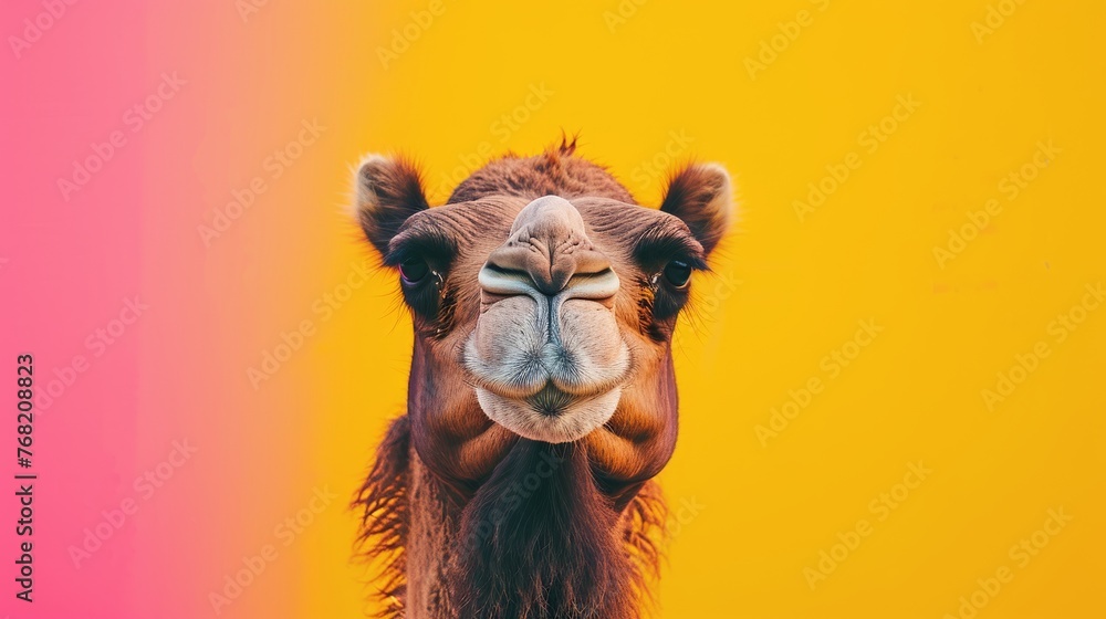 Close-up of a camel's muzzle on a bright two-colour background going from pink to yellow - obrazy, fototapety, plakaty 