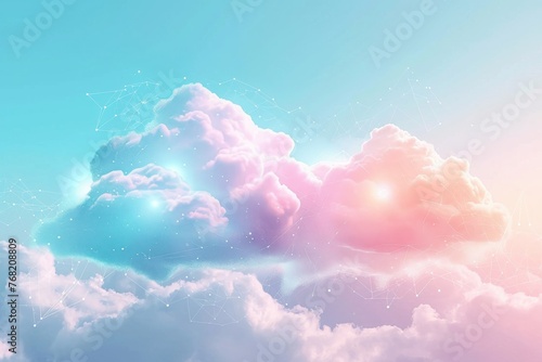 This photo captures a vivid blue sky with numerous fluffy clouds scattered throughout, A graphic representation of cloud computing in a blend of soft colors, AI Generated