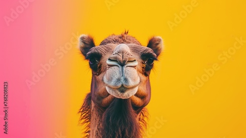 Close-up of a camel's muzzle on a bright two-colour background going from pink to yellow