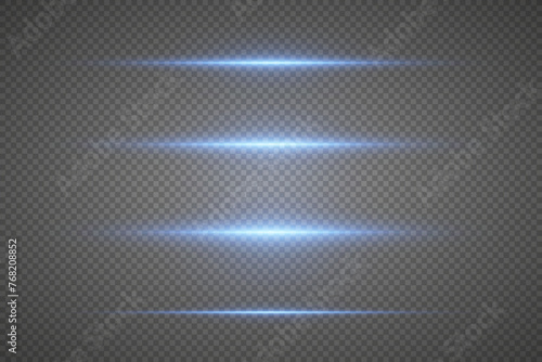 
Blue flash light, horizontal flare effect. Laser neon lines of light. On a transparent background.