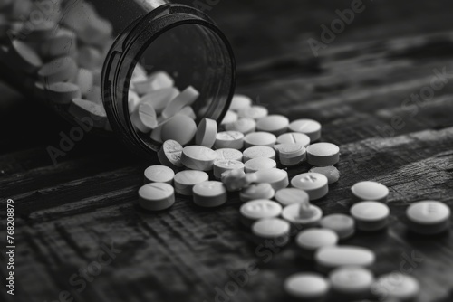 A bottle filled with white pills is seen resting on top of a wooden table, A grayscale image emphasizing the dark side of opioid abuse, AI Generated