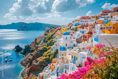 This photo captures a breathtaking view of a village on the edge of a cliff, overlooking a picturesque landscape, A Greek island town with colorful houses cascading down to the sea, AI Generated