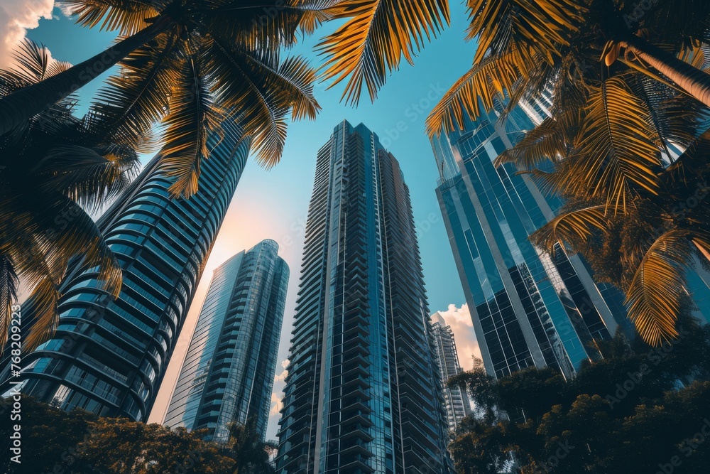 Naklejka premium A photo capturing a group of tall buildings standing amidst a lush landscape of palm trees, A group of diverse, modern skyscrapers in an urban jungle, AI Generated