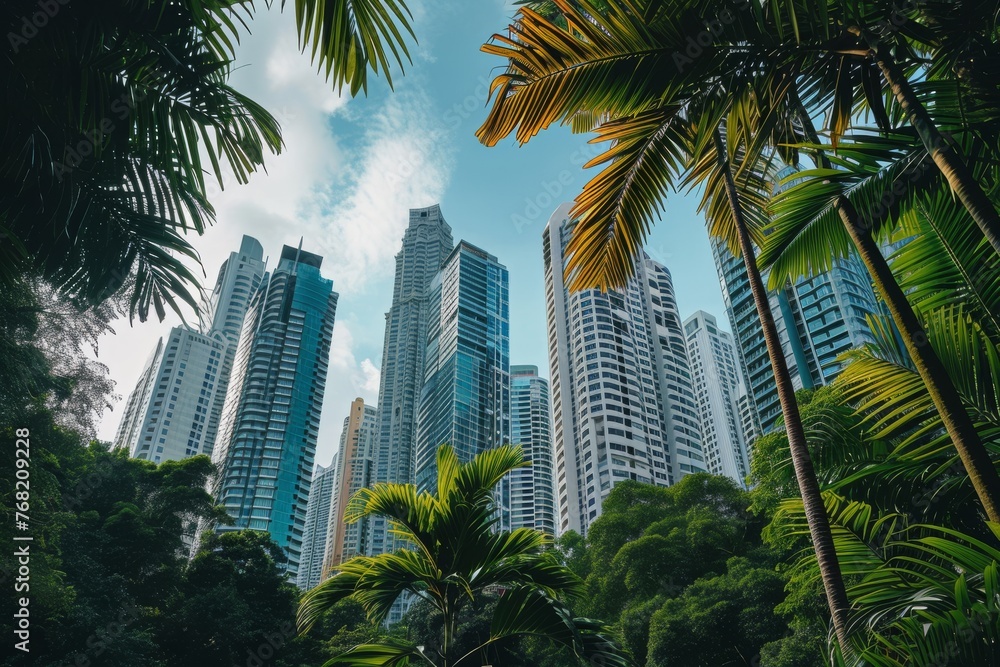 A photo showing a group of tall buildings standing alongside palm trees, A group of diverse, modern skyscrapers in an urban jungle, AI Generated