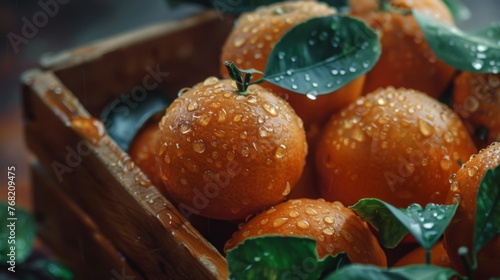 Fresh Tangerines with Dew in Wooden Crate