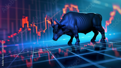 Stier bzw Bulle vor Aktienchart digital 3d leuchtende Trendlinie an der Börse Aktien handeln Stärke und Mut beweisen Generative AI