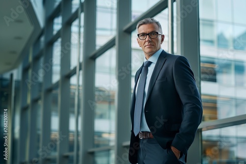 mature executive businessman standing in the modern office building, confident mid adult professional