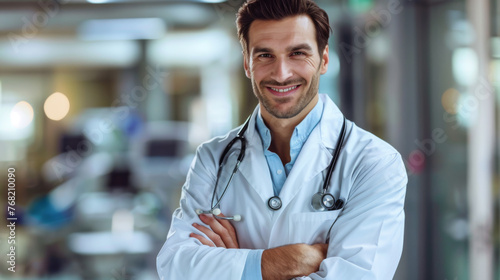 A confident healthcare professional in a lab coat with a stethoscope.
