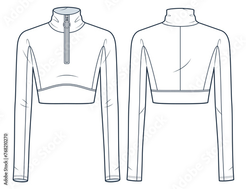Zipped Crop Top technical fashion illustration. Long Sleeve Jacket fashion flat technical drawing template, roll neck, slim fit, front and back view, white, women, men, unisex CAD mockup.