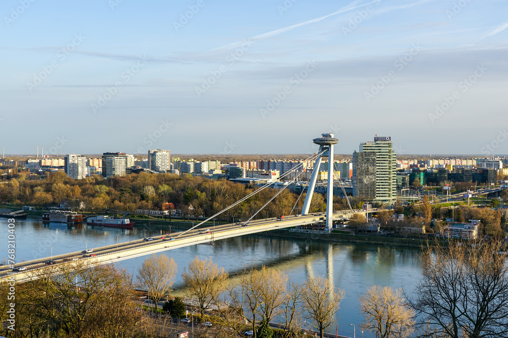 SNP New Bridge through Danube with a steel deck suspended from a single pylon in Bratislava SNP New Bridge through Danube with a steel deck suspended from a single pylon in Bratislava